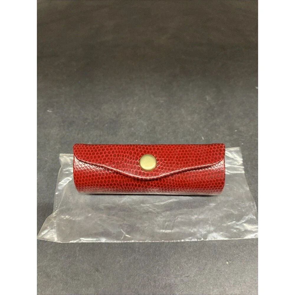 Vintage Fake Red Leather Single Lipstick Holder Snap Closure Mirror Case Lady